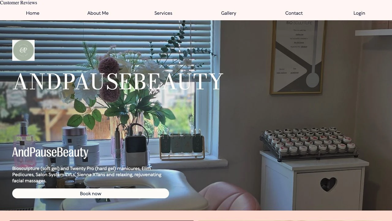 AndPauseBeauty website, with a calm treatment room and its own branding