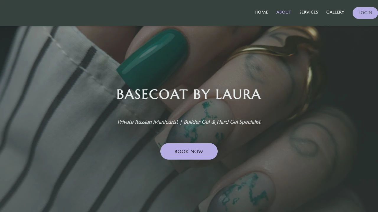 Basecoat by Laura website with green nail art and purple booking button
