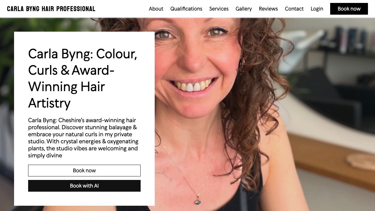 Carla Byng Hair Professional website with her portrait, hair services and direct booking buttons