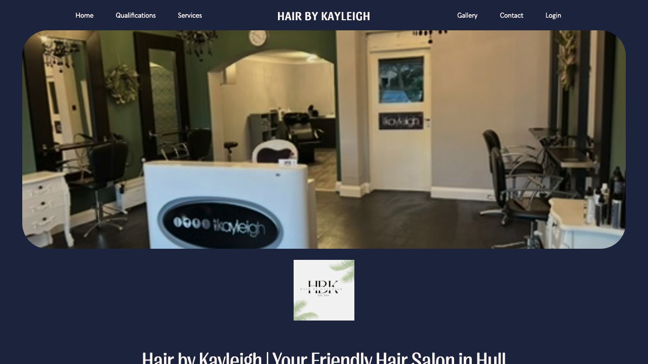 Hair by Kayleigh website with a view of her salon and its own dark blue branding