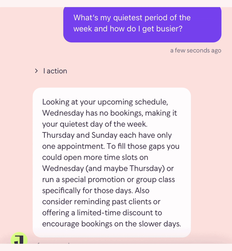 JENA AI Coach answering a question about quiet booking periods.