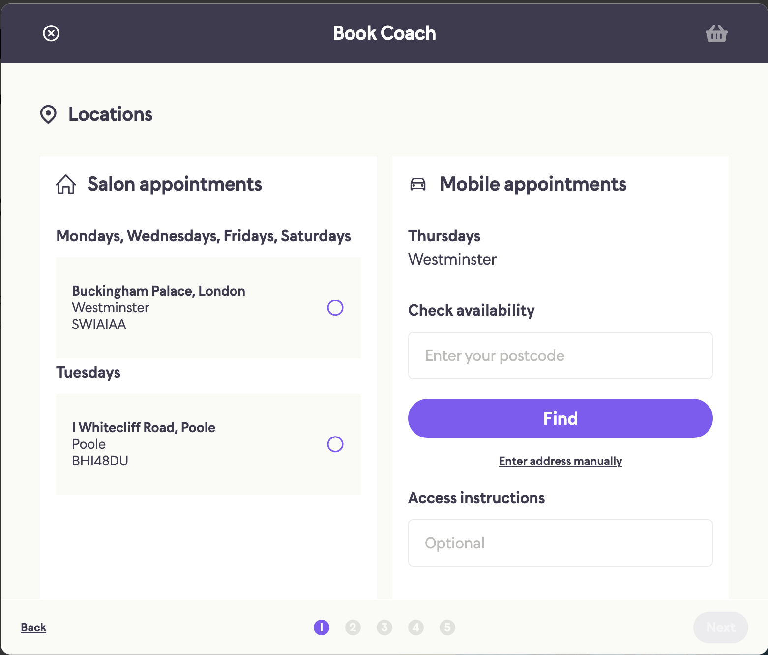 Booking widget showing choice of location, including salon and mobile appointment options