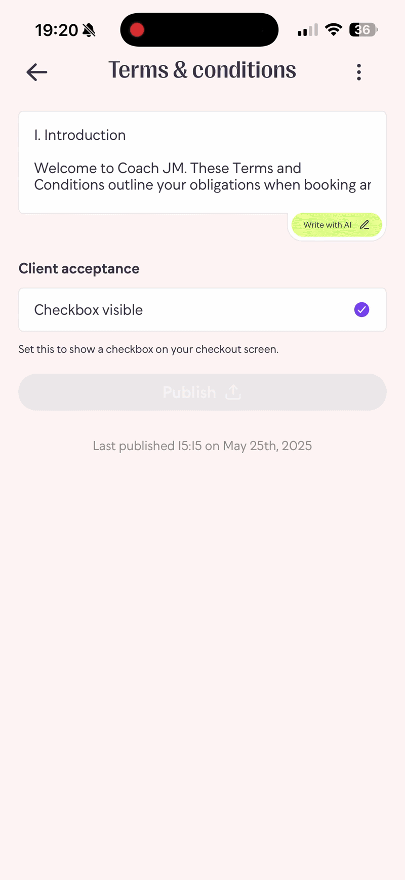 Animated demonstration of terms and conditions tickbox clients must accept before booking