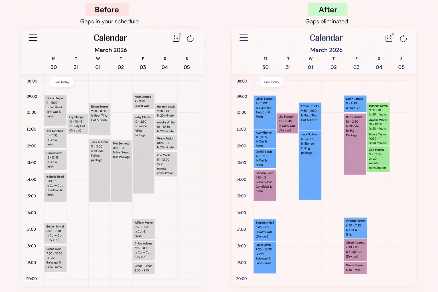 Before and after comparison showing calendar gaps eliminated by clustering appointments together