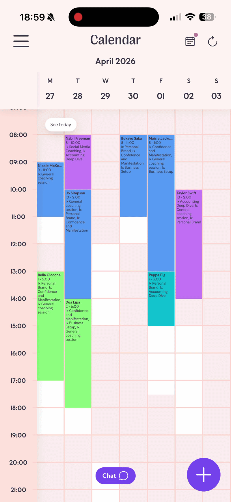 Colourful appointments displayed in a weekly calendar view with pop-up button for adding appointments, availability and time blocks