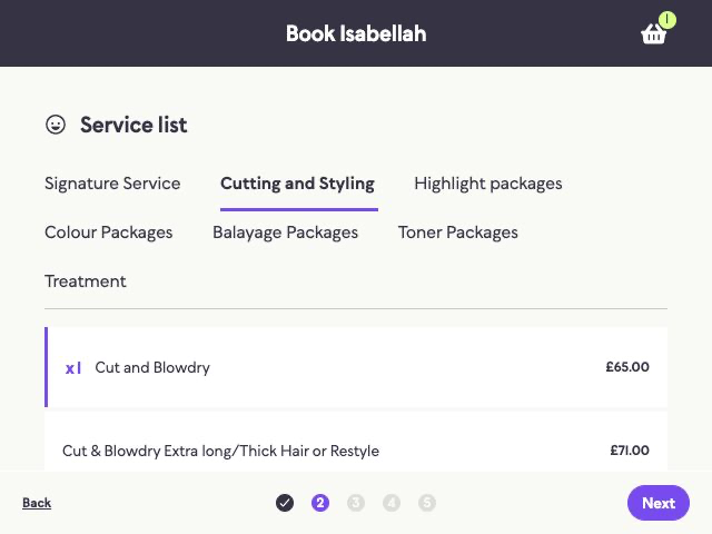 Actual JENA client booking page showing Isabellah’s services and prices