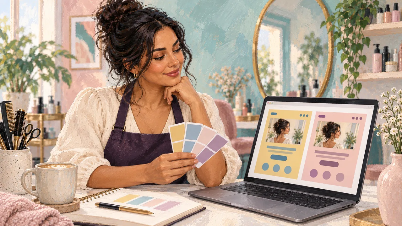 Hair stylist comparing colour swatches with website template palettes on a laptop